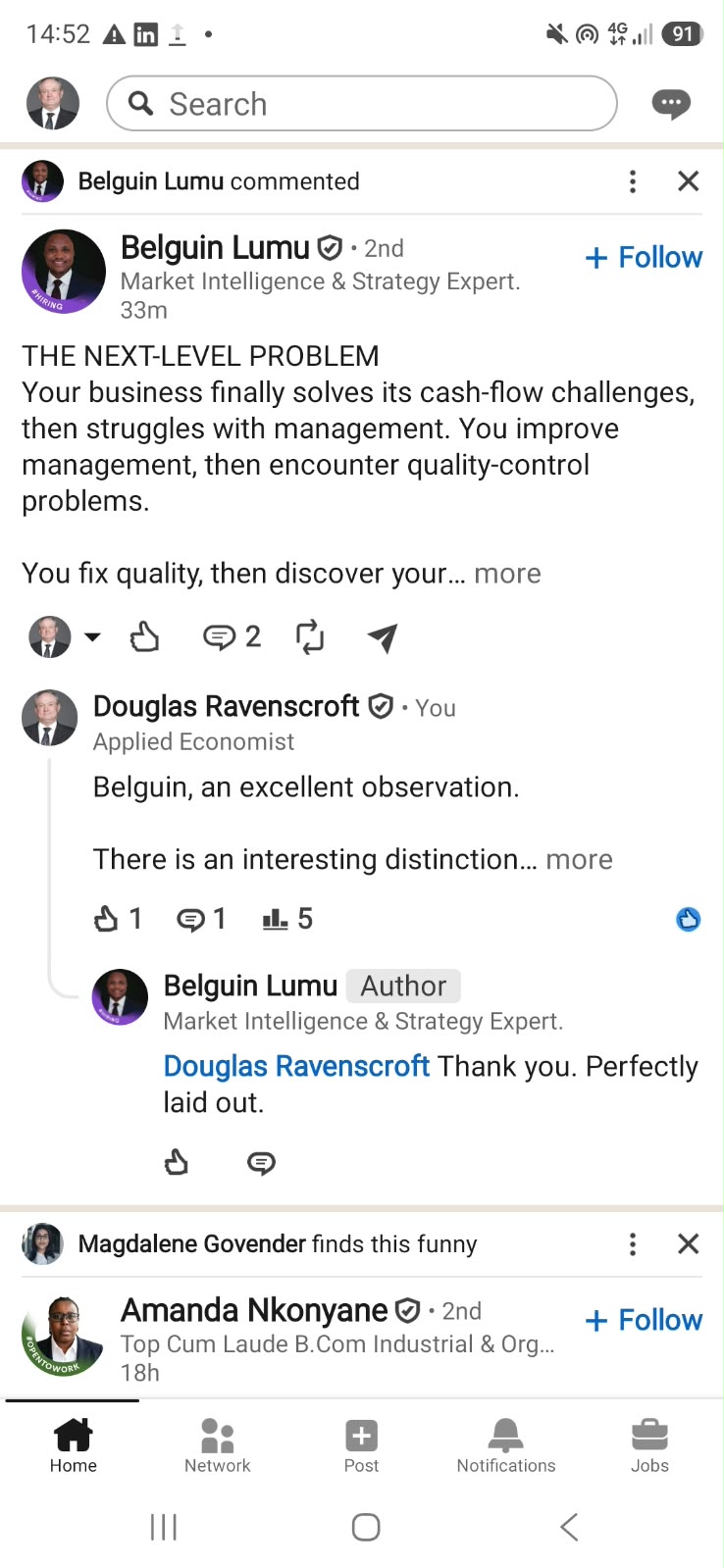 LinkedIn post by Belguin Lumu headed 'The next-level problem', on cash flow, management and quality.