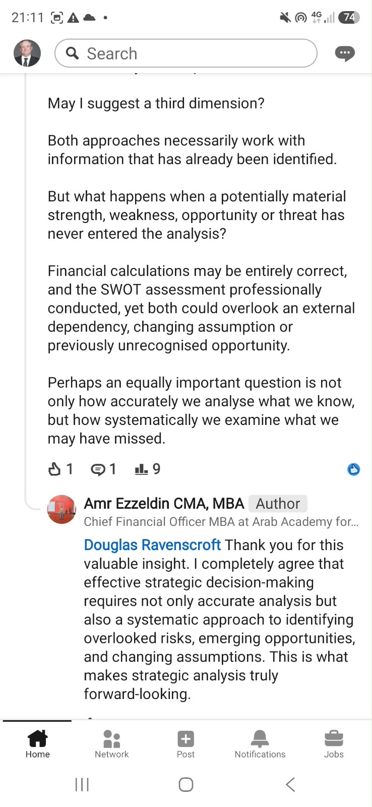 LinkedIn reply from Amr Ezzeldin thanking Douglas Ravenscroft and agreeing that effective strategic decision-making requires a systematic approach to identifying overlooked risks, emerging opportunities and changing assumptions.