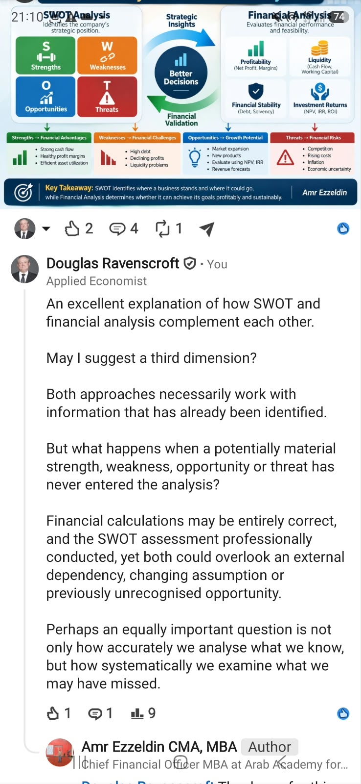 LinkedIn comment by Douglas Ravenscroft suggesting a third dimension — how systematically we examine what we may have missed.
