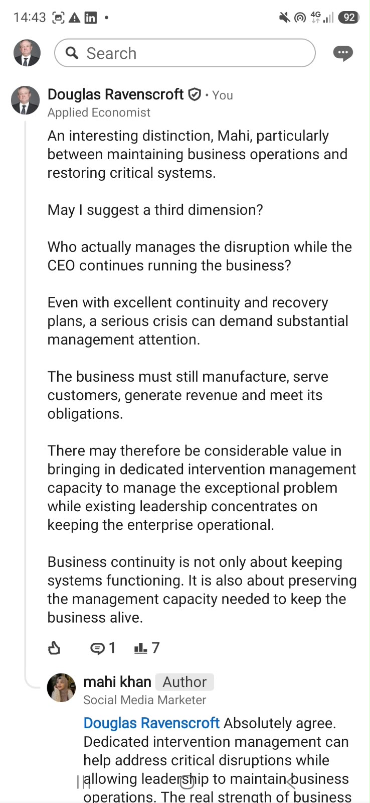 LinkedIn comment by Douglas Ravenscroft proposing a dedicated intervention management capacity while the chief executive continues running the business.