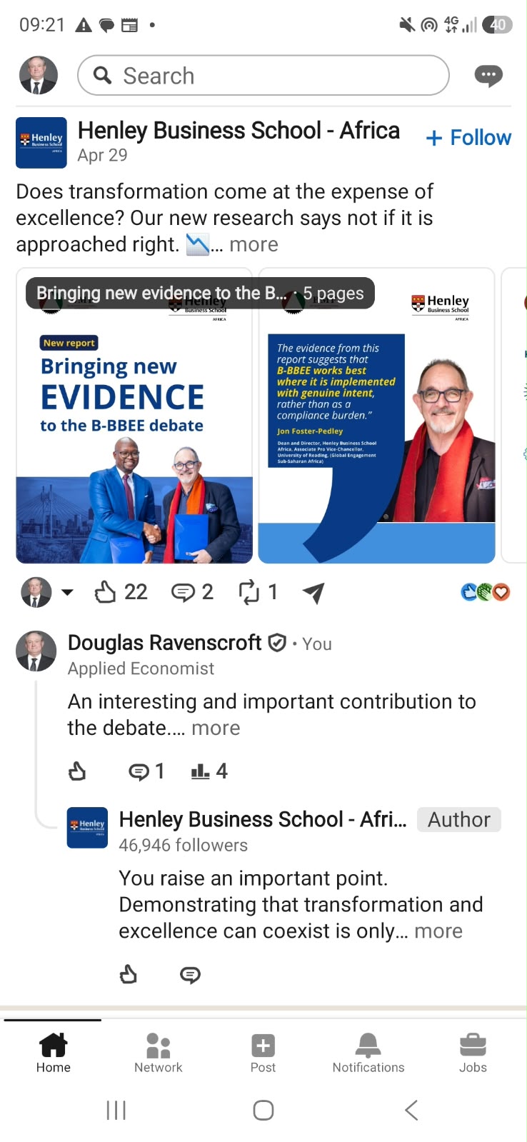 LinkedIn post by Henley Business School Africa sharing new evidence in the B-BBEE debate, with Douglas Ravenscroft's comment and the school's reply beneath.