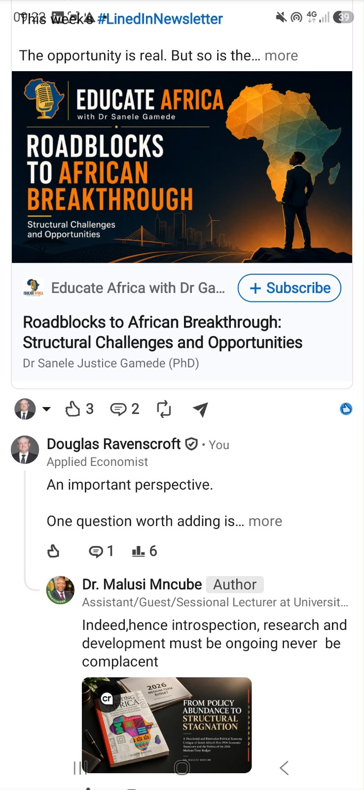 LinkedIn post from the Educate Africa newsletter, 'Roadblocks to African Breakthrough: Structural Challenges and Opportunities', with Douglas Ravenscroft's comment and Dr Malusi Mncube's reply beneath.