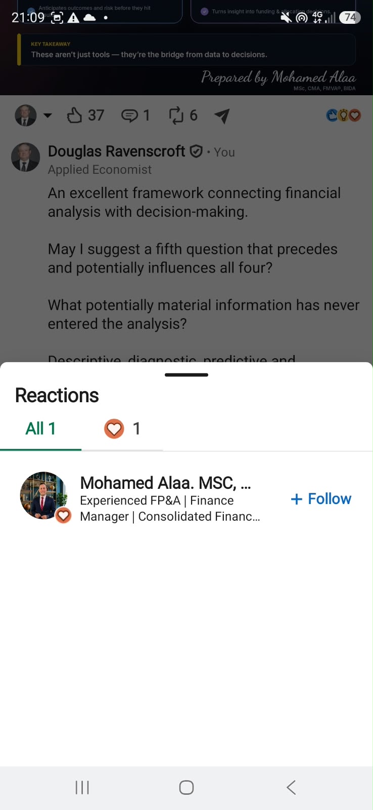 LinkedIn reactions sheet showing Mohamed Alaa's appreciation for Douglas Ravenscroft's comment, above the comment itself.