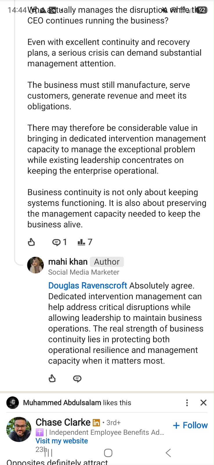 LinkedIn reply from Mahi Khan agreeing with the comment, on protecting operational resilience and management capacity.