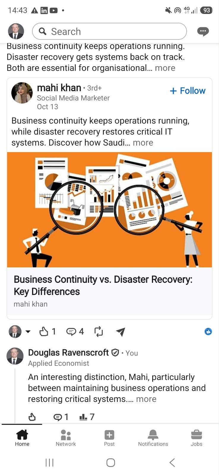 LinkedIn post by Mahi Khan carrying a graphic that compares business continuity with disaster recovery.
